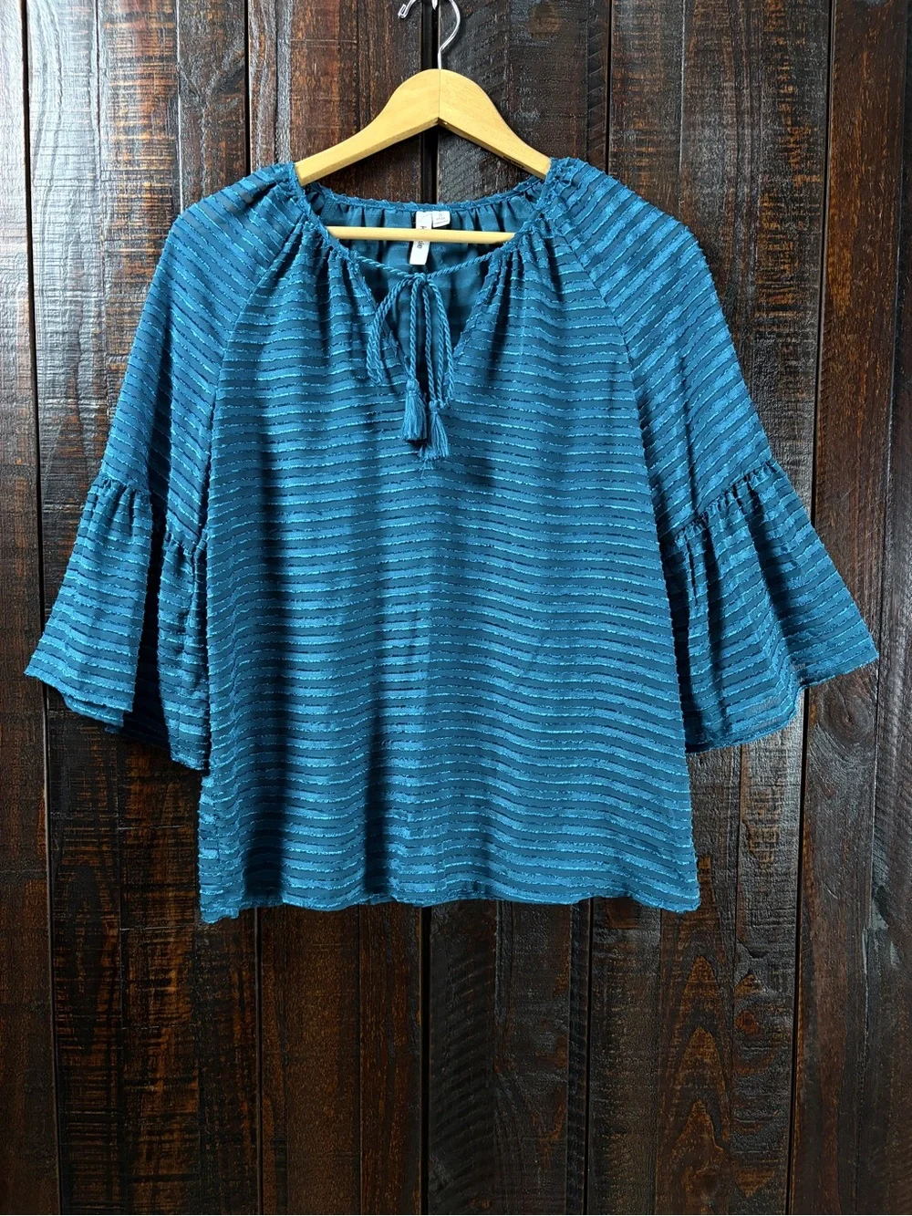 Kensie Teal Striped Tassel Tie Bell Sleeve Top Small